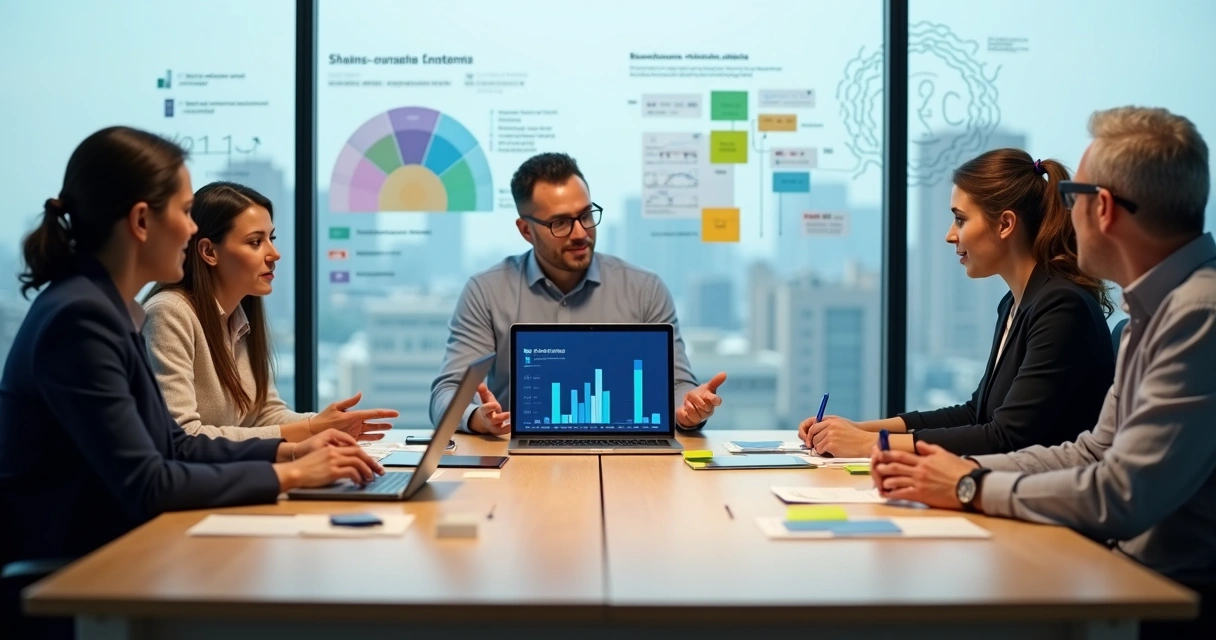 Diverse leadership team in a meeting balancing data and emotional dialogue 