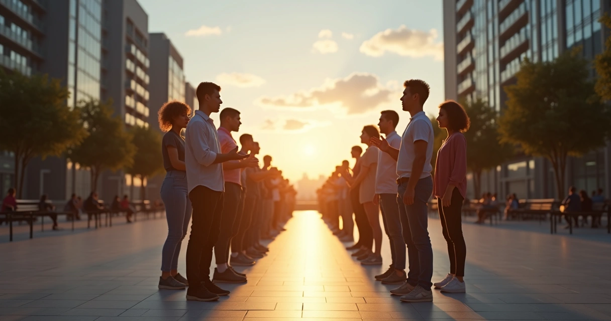 Two opposing groups on a city plaza linked by shared light between their hearts 