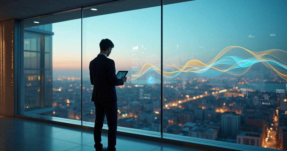 Policy maker overlooking abstract emotional landscape map 
