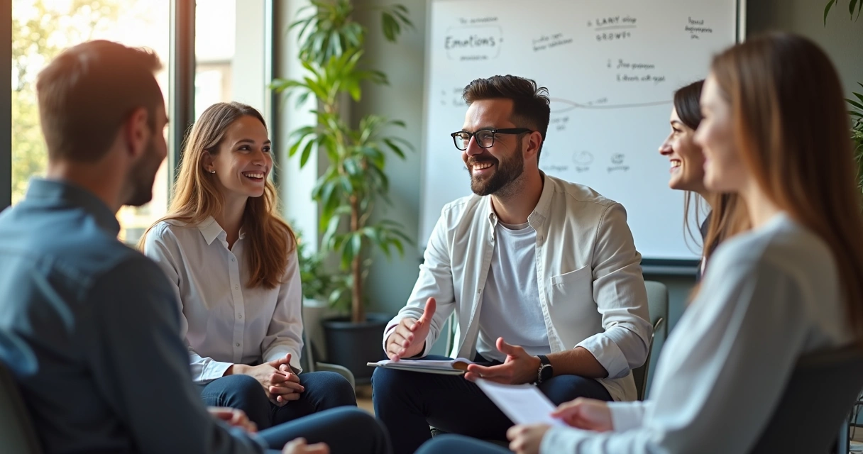 Team leader conducting emotional check-in with smiling team in relaxed office 