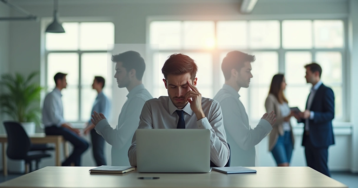 Professional sitting at desk with overlapping emotional reflections in office 