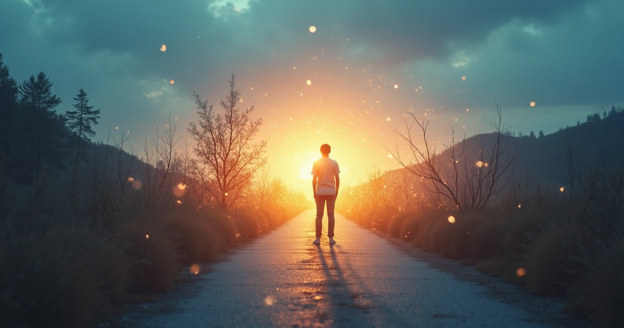 Person facing invisible barrier made of tangled emotions blocking a glowing path ahead 