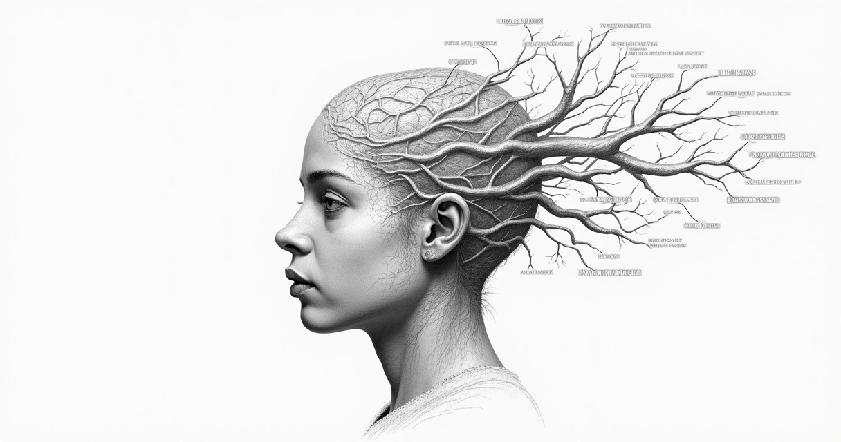 Psychological concept art showing repeated emotional patterns in a mind map. 