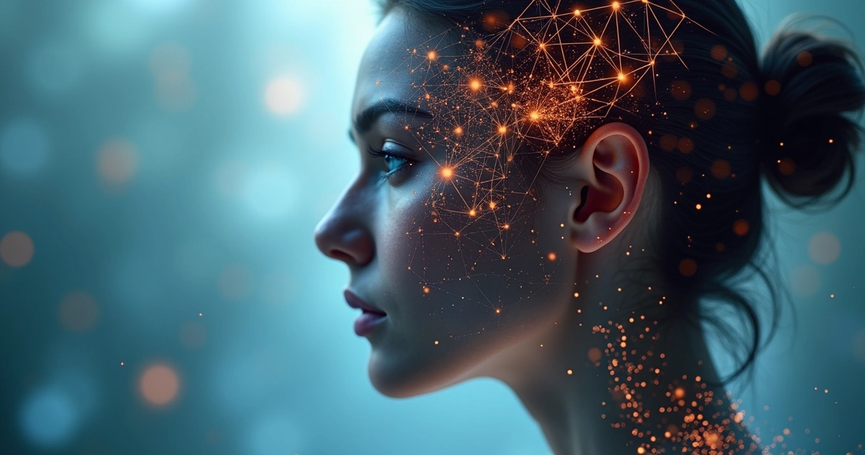 Abstract representation of a human head with colored patterns inside, symbolizing emotional patterns and consciousness