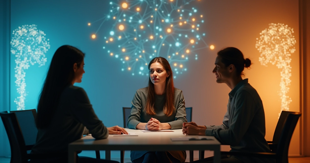 People interacting with highlighted emotional patterns in the background. 