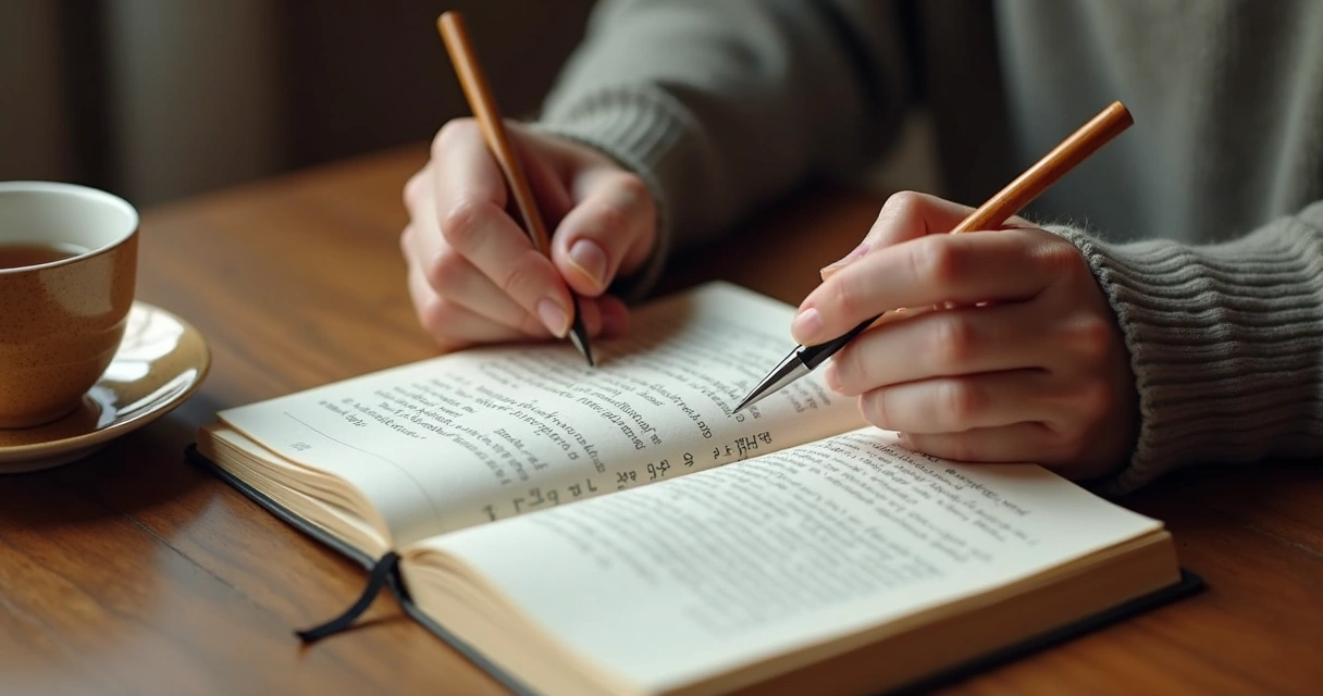 Open notebook with handwritten notes and reflections, a cup of tea at the side 