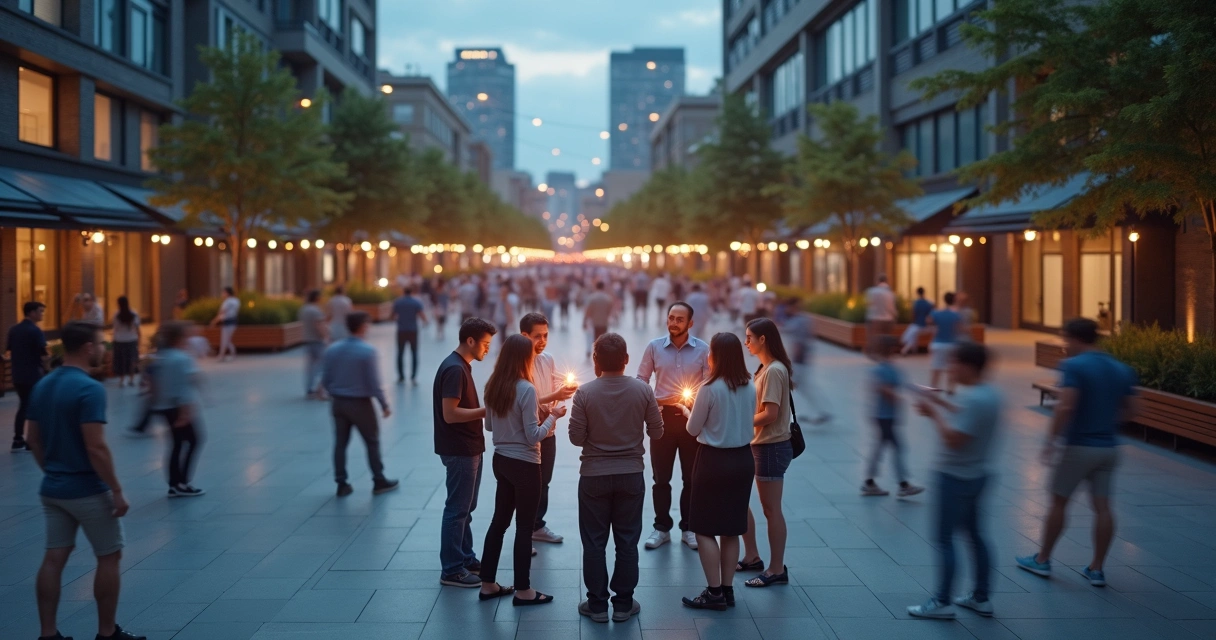 Two groups of people connected by glowing threads of emotion in a city square 