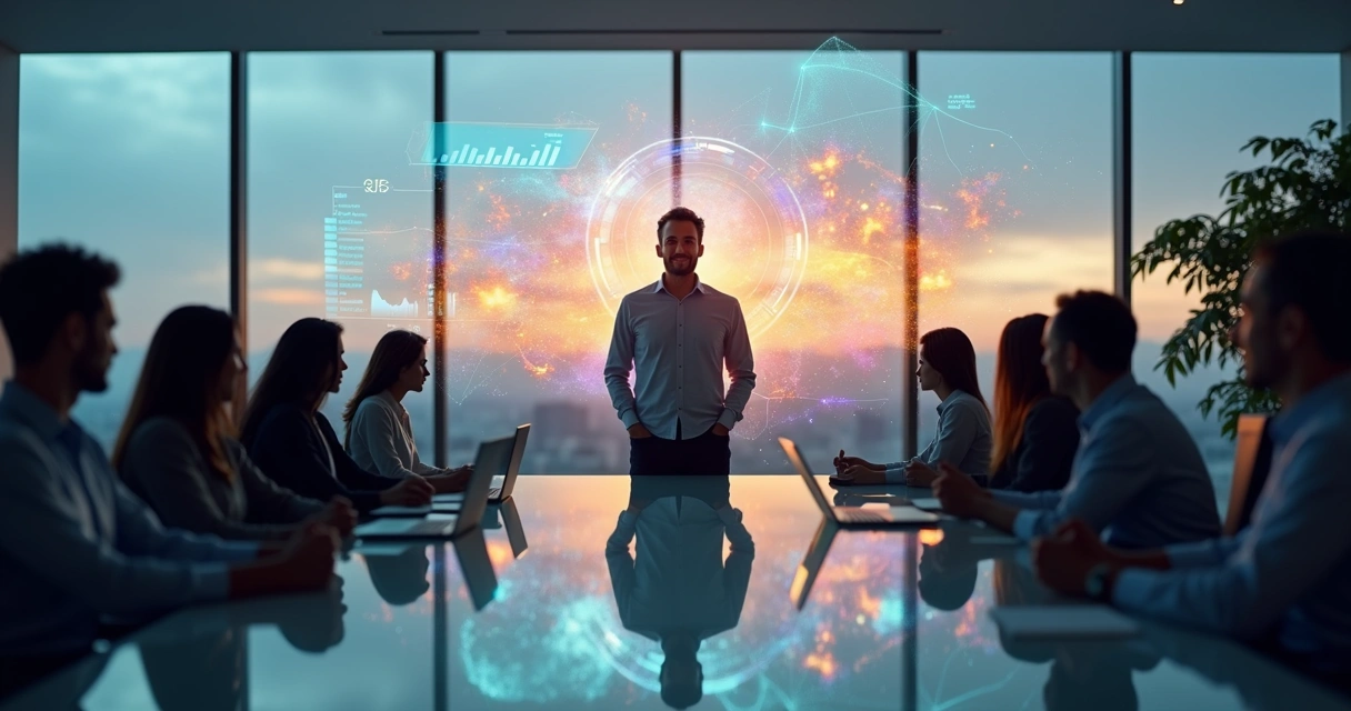 Business leader surrounded by emotional patterns and data charts in a modern office 