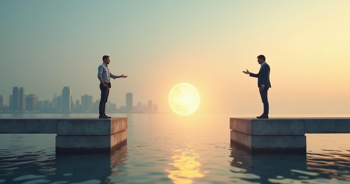 Two colleagues facing each other on a narrow bridge with light balancing between them 