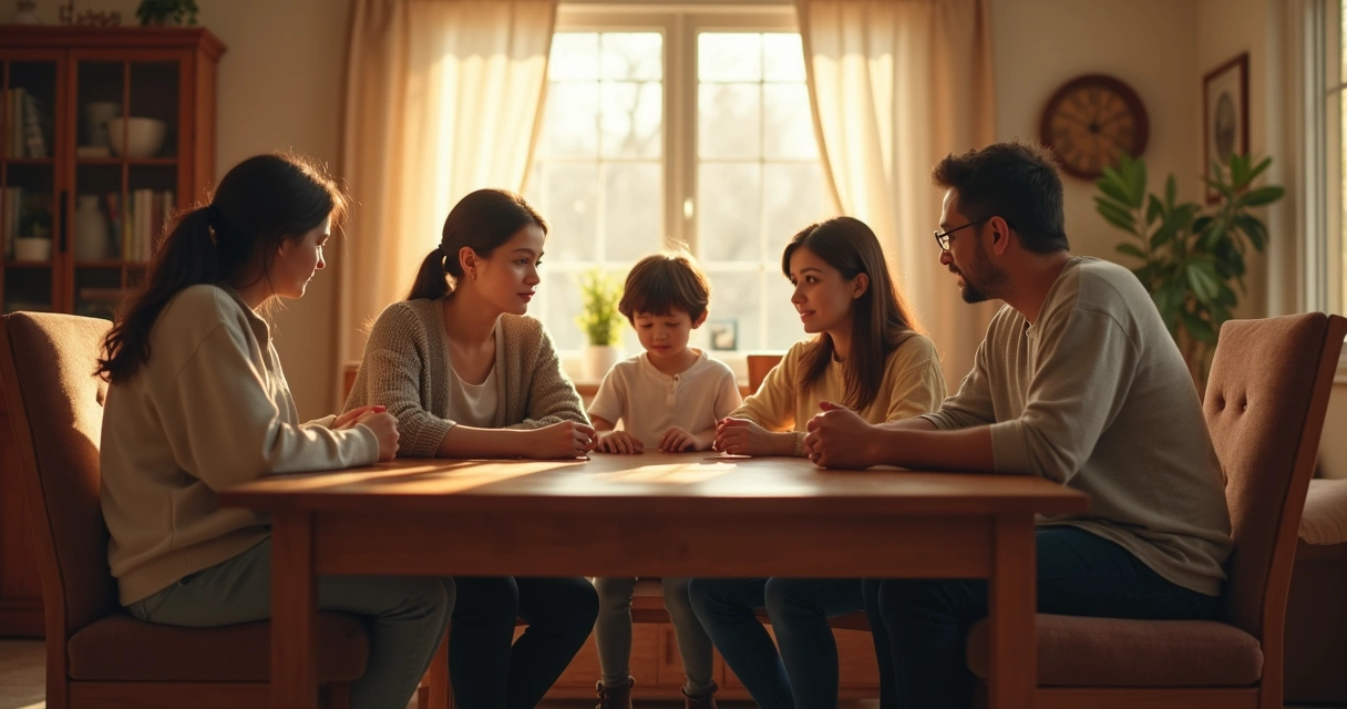 Family members sitting together at a table, one adult pausing and listening carefully to a child. 