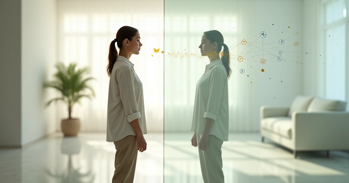 Person facing their shadow reflection with emotional patterns illustrated around them 