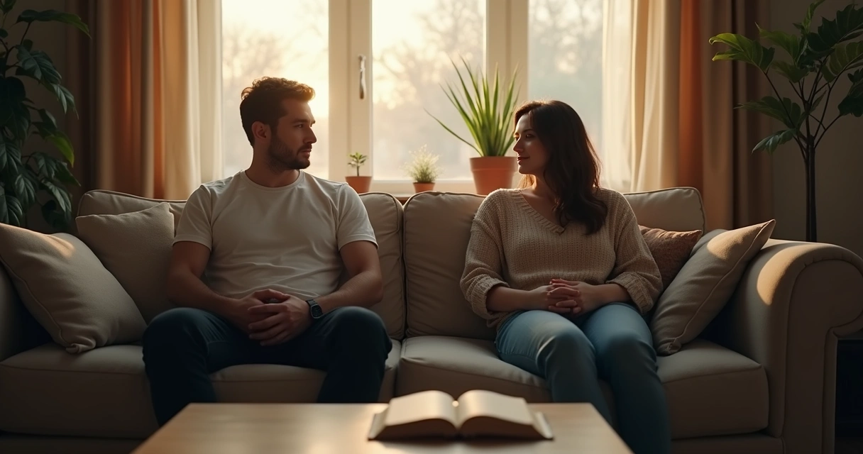 Couple in living room experiencing a tense conversation 