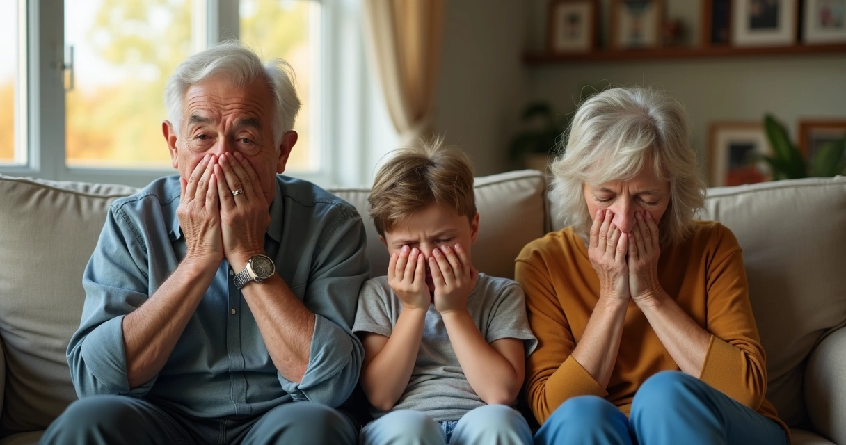 Three generations sitting on a couch, each showing a similar emotional reaction with their hands covering their faces. 
