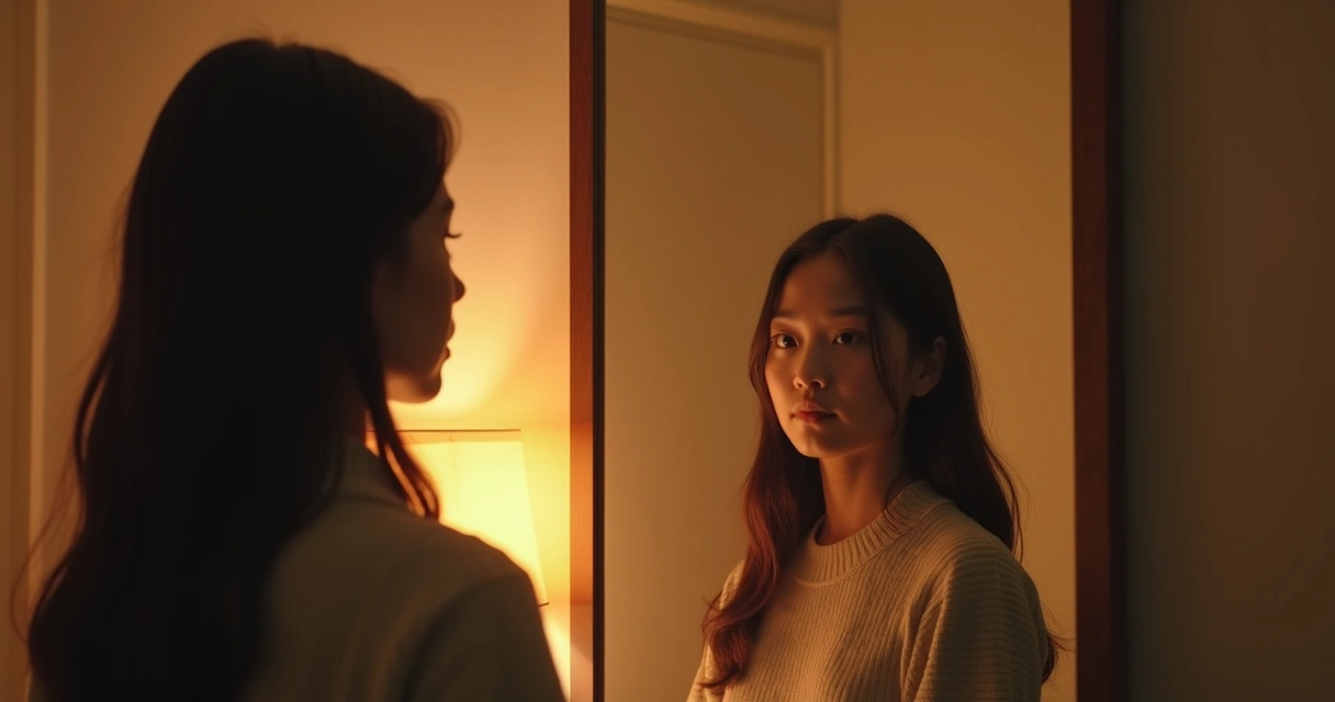 Person looking into a mirror, thoughtful after a social interaction