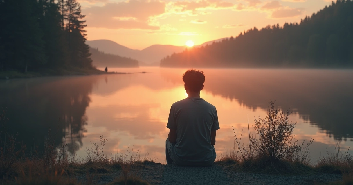 Person reflecting at sunset near water, deep in thought 