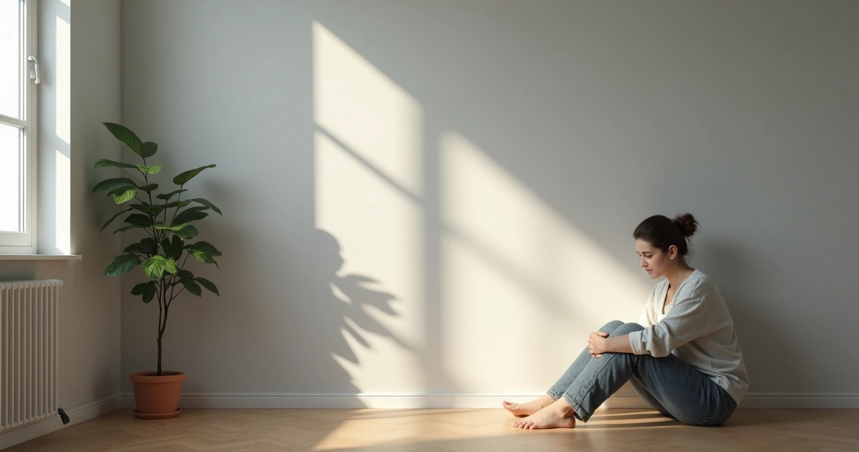 Adult sitting on floor with shadow of inner child on wall 