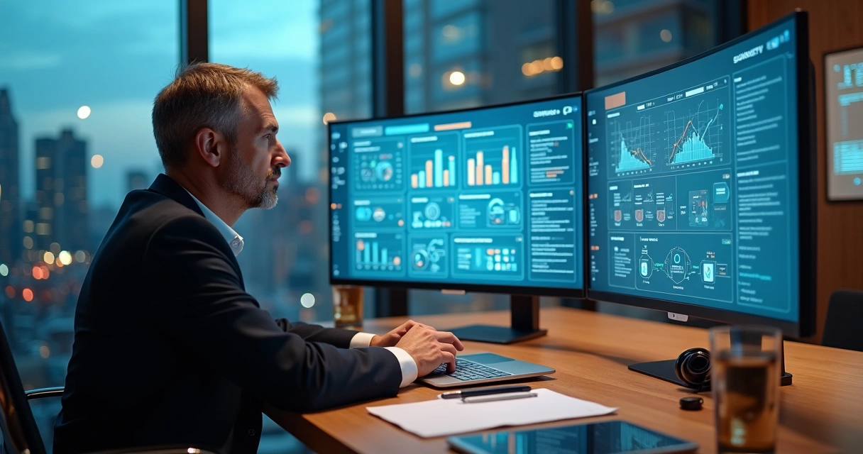 Business leader calmly managing digital transformation with data dashboards and team collaboration 