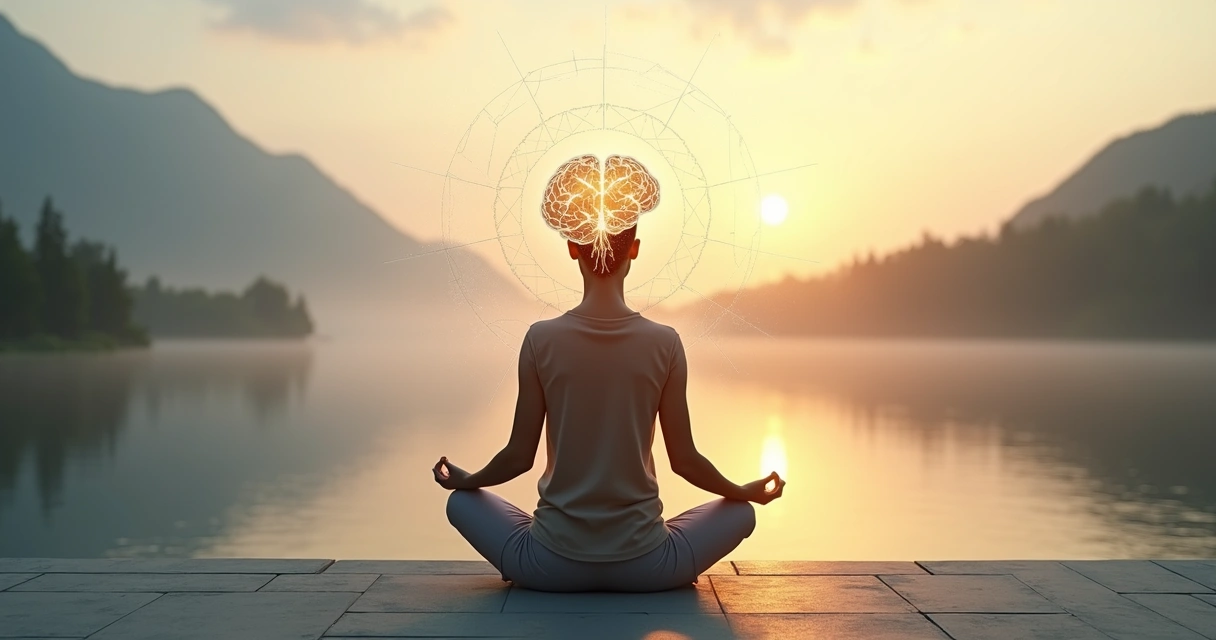 Person meditating in nature with abstract mind and heart overlay 