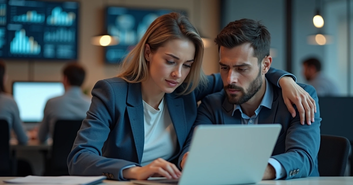 Manager supporting stressed colleague during digital project