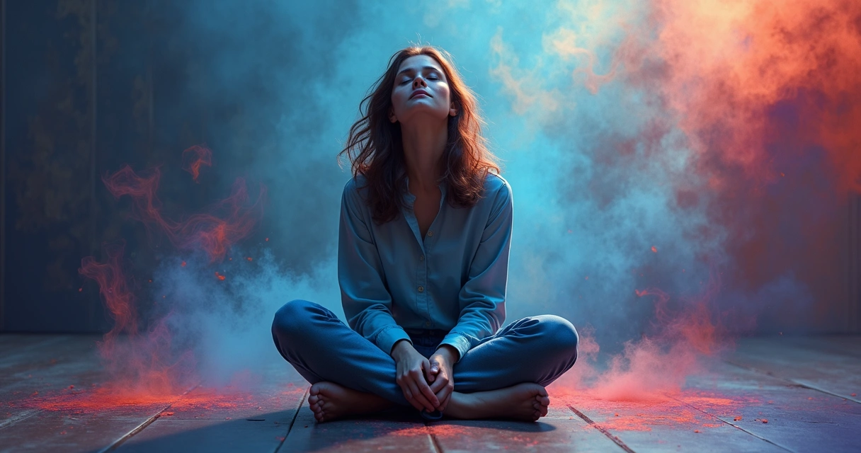 Person sitting calmly while colors swirl in the background representing emotions 