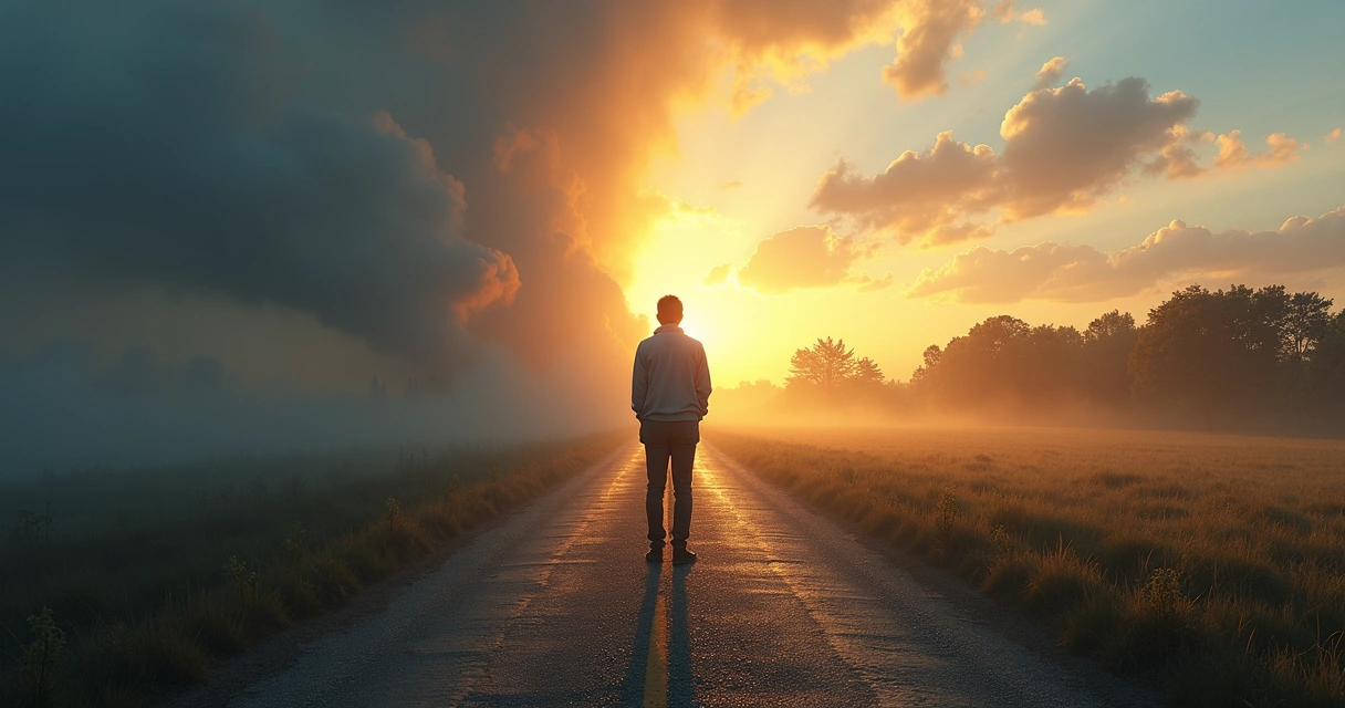 Person on a path choosing between emotional chaos and conscious clarity 