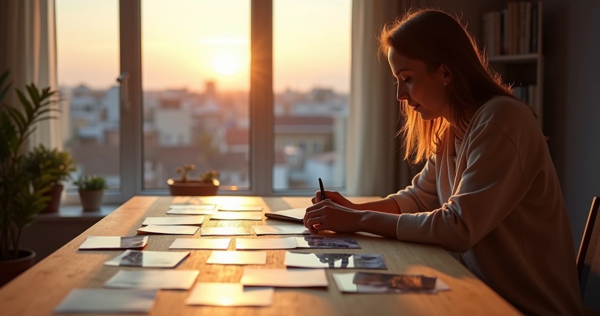 Person arranging scattered photos on a large table near a window at sunrise 