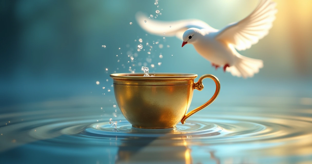 Overflowing cup symbolizing emotional renewal with soft blue and gold light 