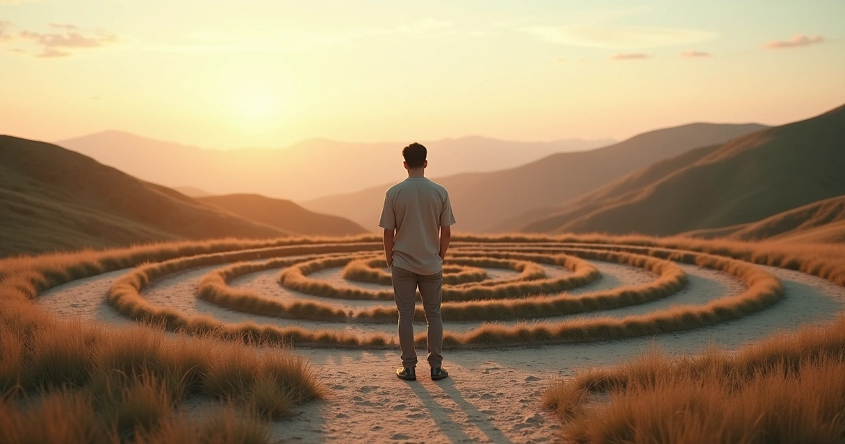 Person standing on a looping path symbolizing emotional repetition 