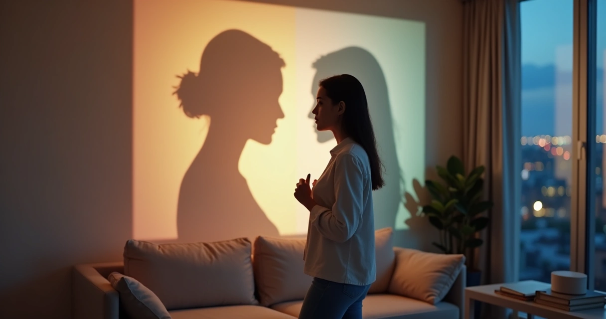 Woman standing between two overlapping silhouettes symbolizing emotional residue in relationships 