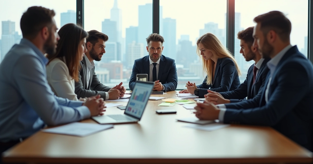 Business team in tense meeting with one colleague emotionally withdrawn 