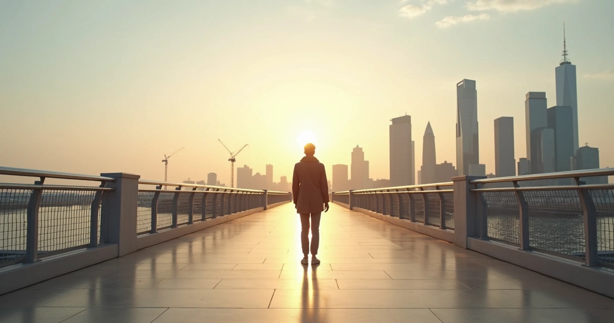 Person standing on city bridge at sunrise representing emotional resilience 