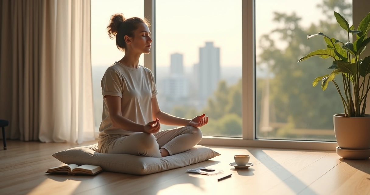 Person meditating calmly by a window with a journal and cup of tea nearby 