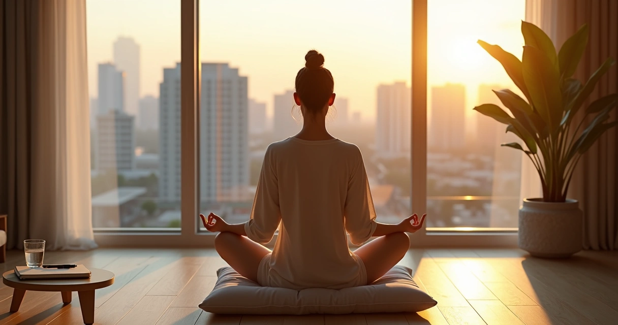 Person practicing mindful breathing by a window with city skyline at sunrise 