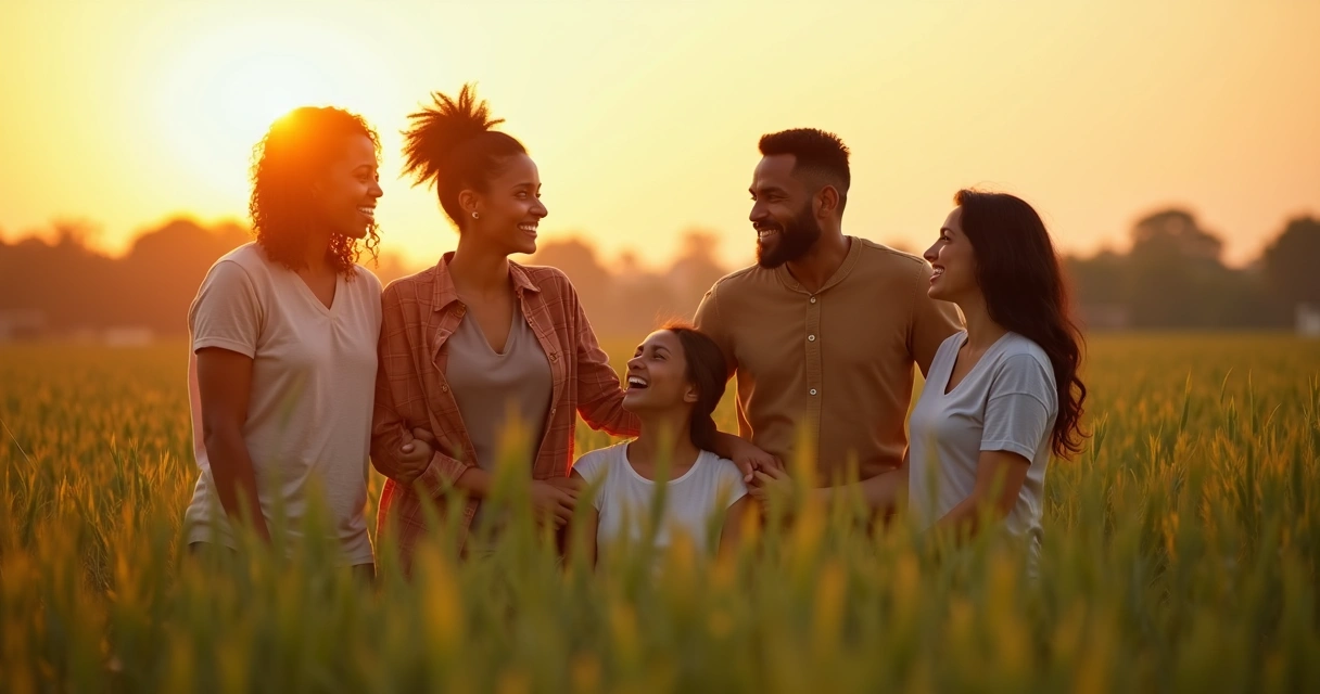 People supporting each other in an open field, representing connected resilience 