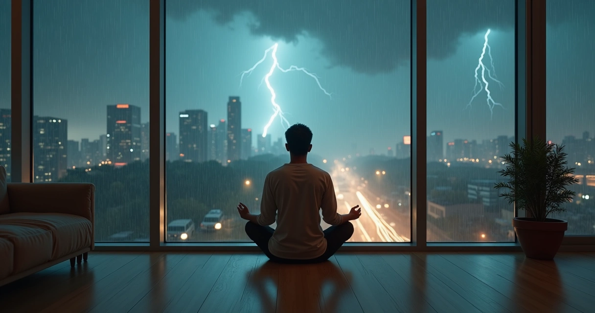 Person sitting calmly in a glass room amid stormy city skyline 
