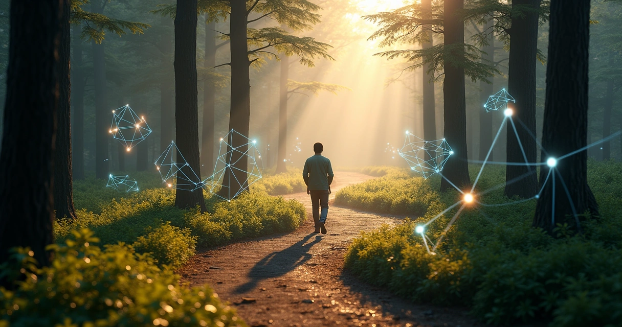 Person walking through glowing forest labyrinth path 