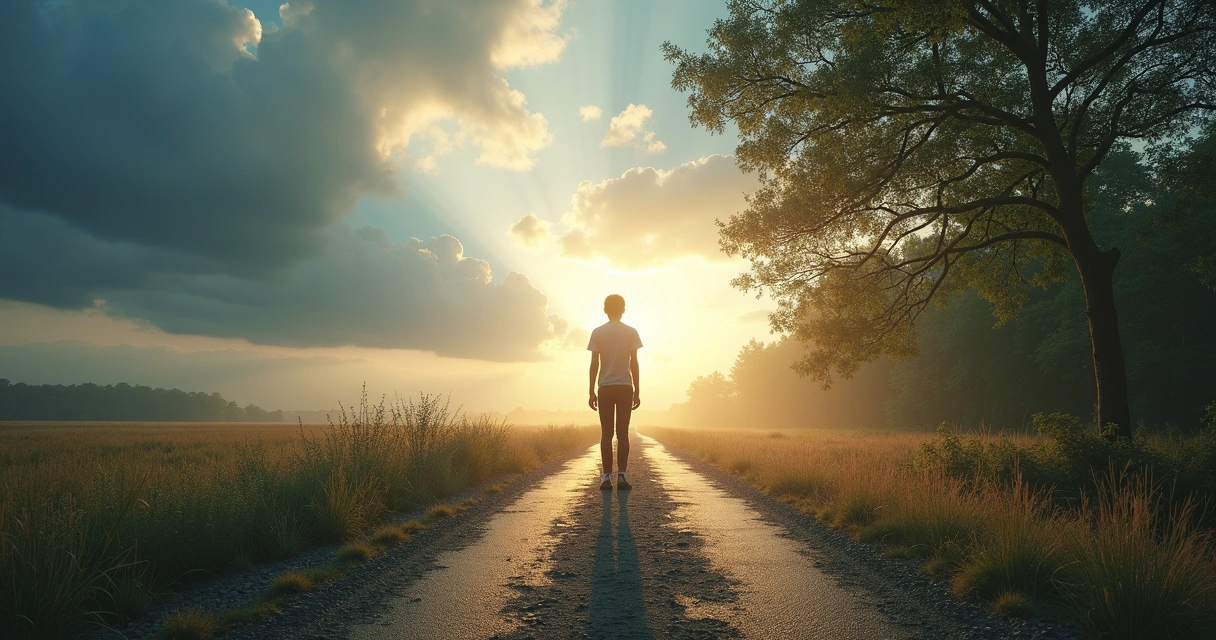 Person on a path choosing between chaotic and calm routes 