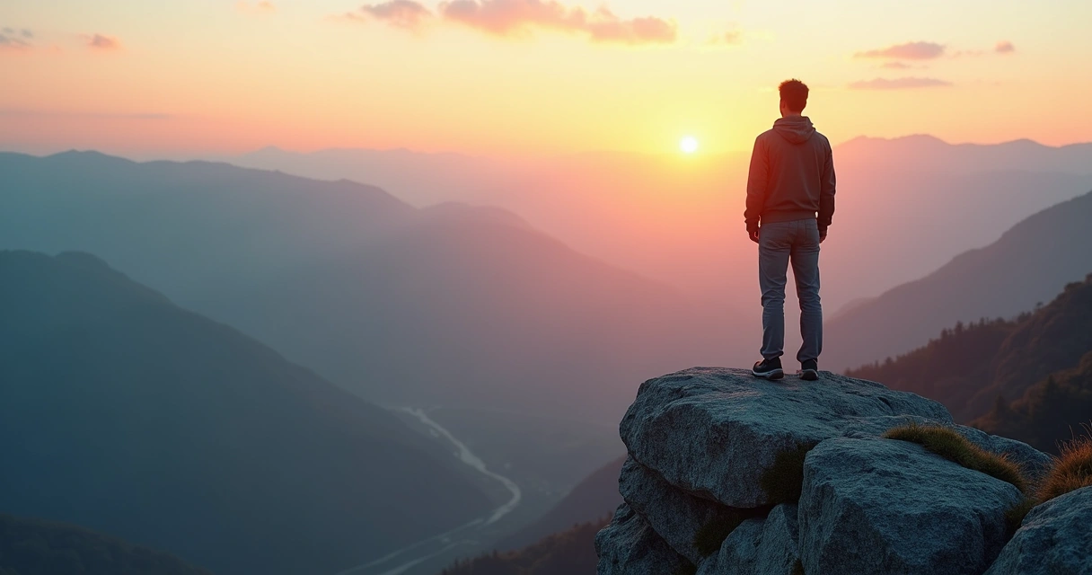 Person standing calmly on a mountain peak at sunrise symbolizing emotional resilience 