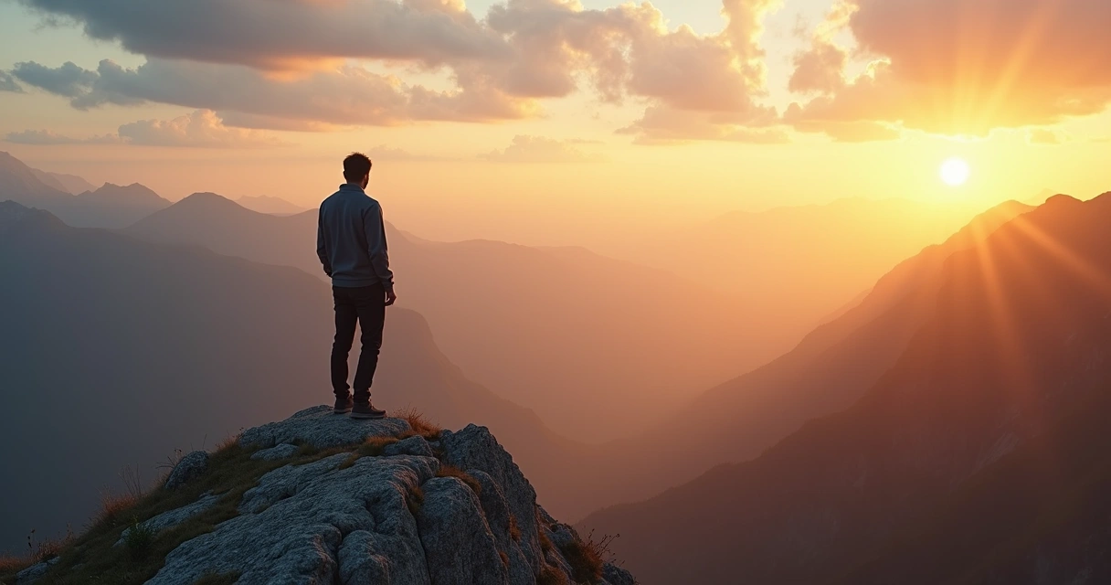 Person standing on a mountain at sunrise with calm confident posture 