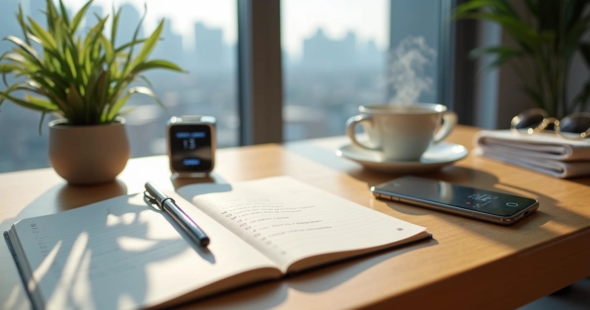 Morning desk scene with person tracking emotional resilience routine in a journal 