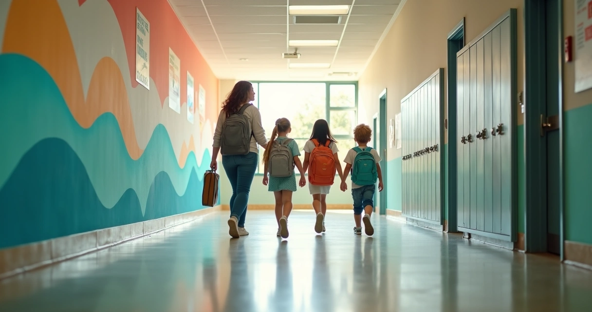 Teacher and students walking through uplifting school corridor mural 