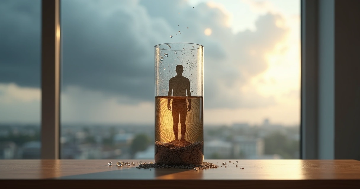 Human silhouette formed by tree rings inside a storm glass 