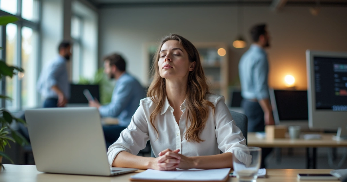 Professional sitting calmly at a desk amid a busy office with blurred coworkers rushing around 