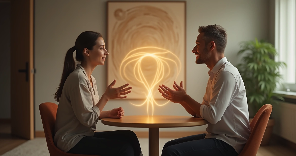 Two people in deep conversation with a glowing connection between them 