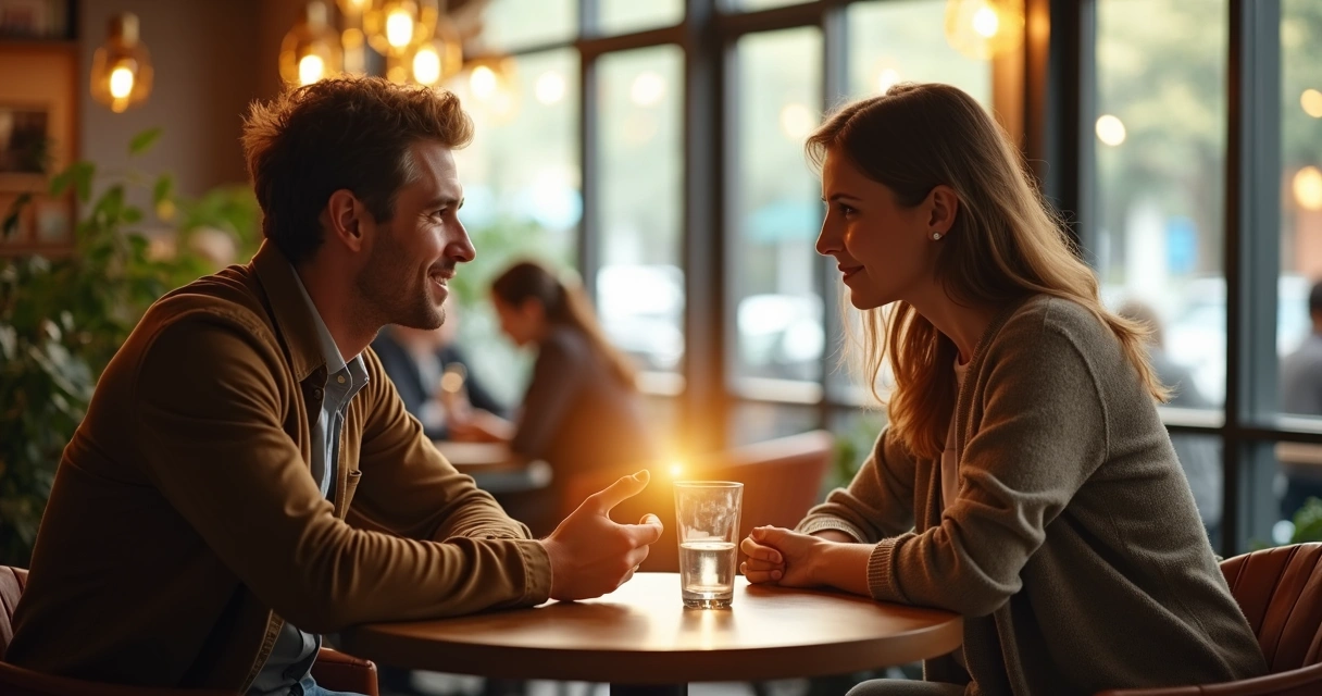 Two people talking at a café table with a soft glow connecting them 