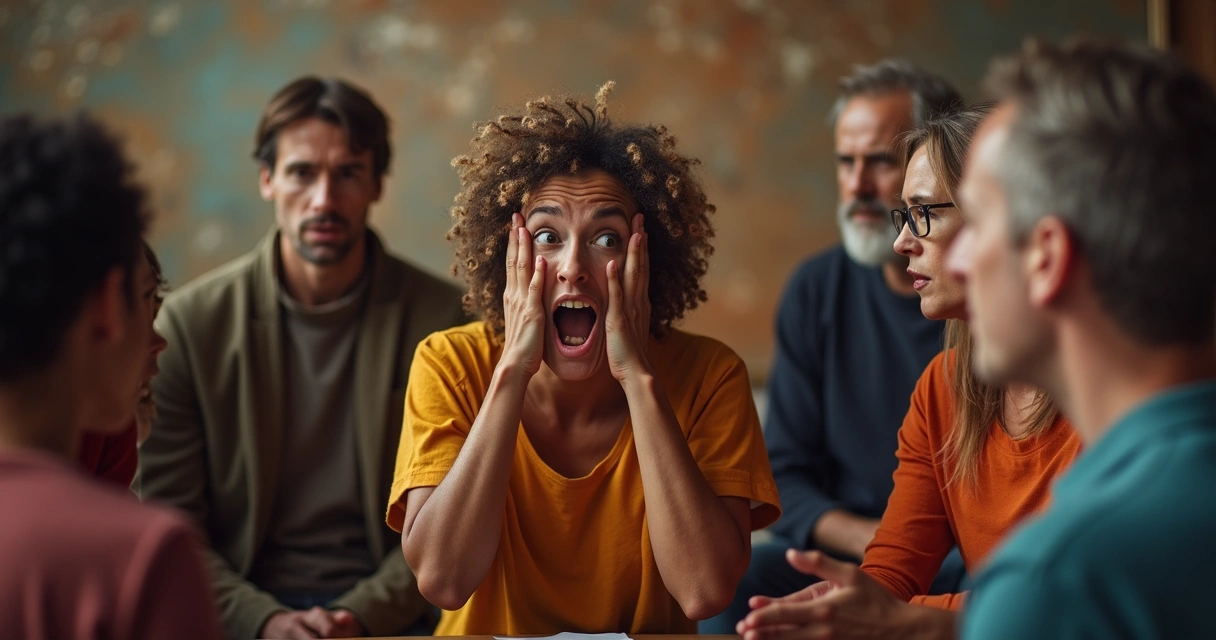 People in a group sharing emotional stories during a discussion, with expressive body language and attentive listeners