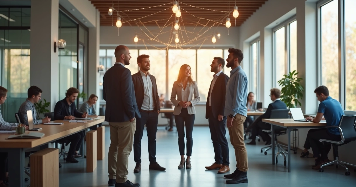 Diverse team connected by flowing light patterns symbolizing emotional resonance in an office 