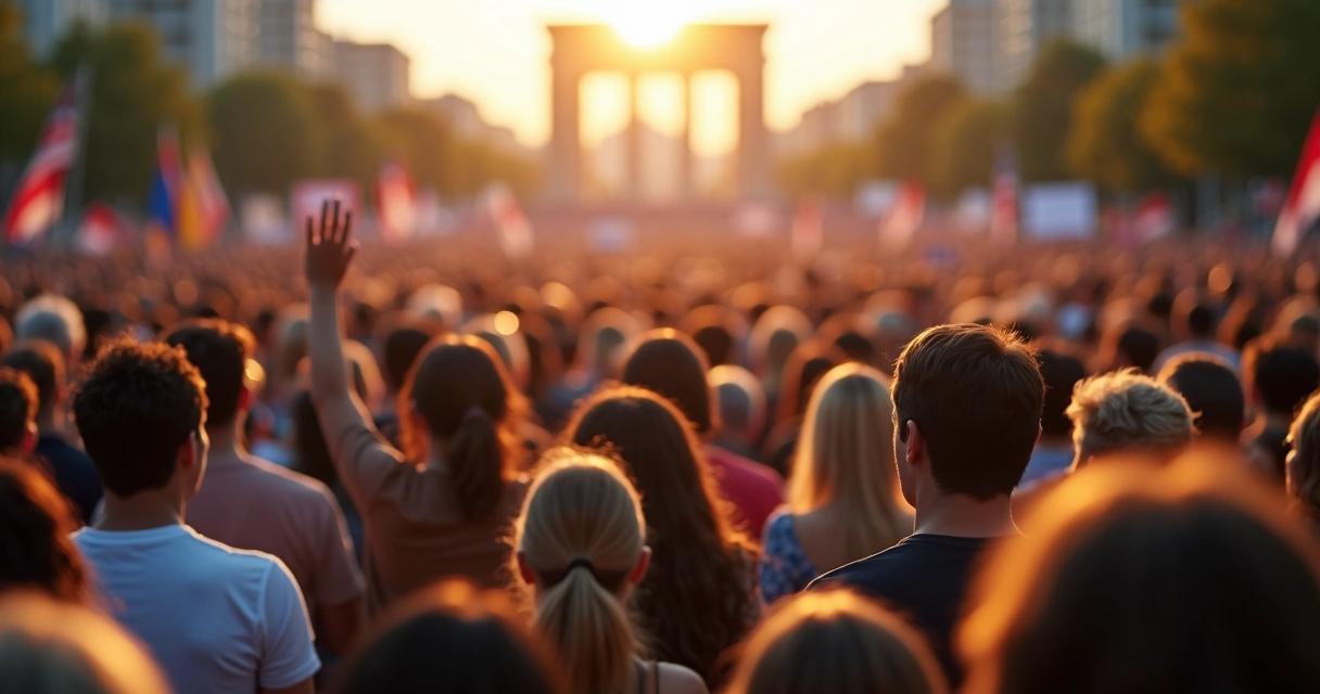 Crowd at political rally connected by subtle colored energy waves 