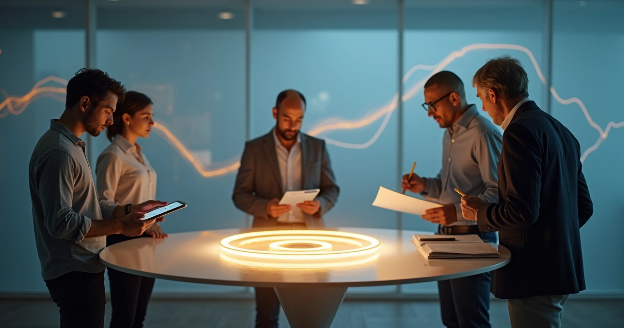 Project team aligning around a luminous core symbolizing shared emotional focus 