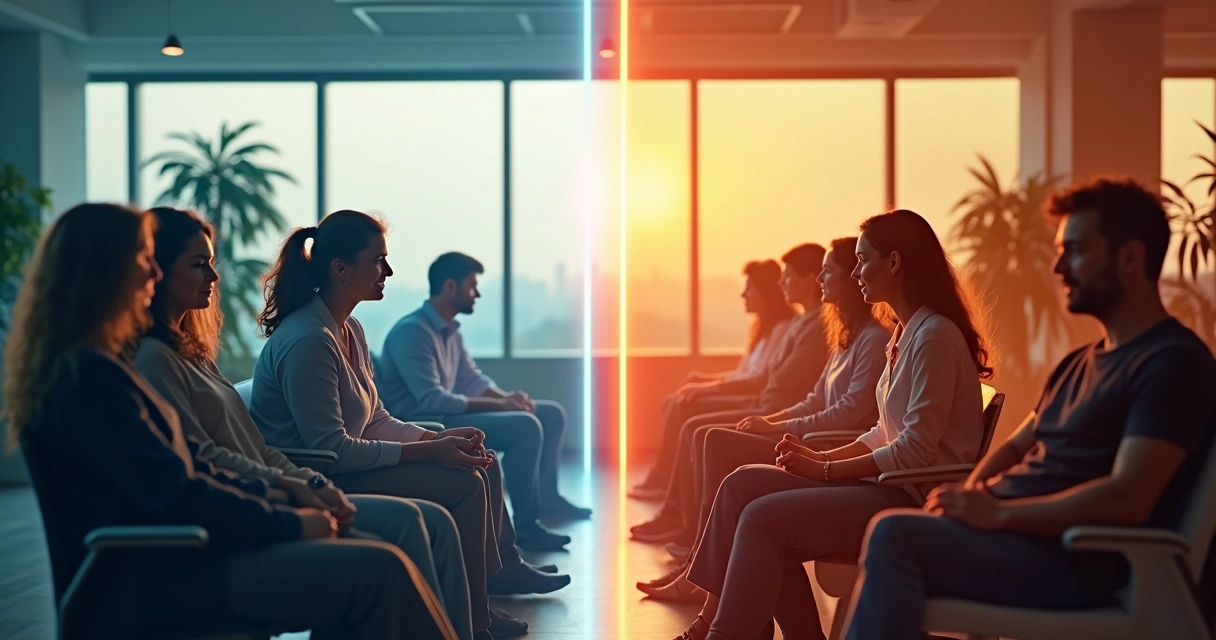 Split scene contrasting calm emotional resonance with chaotic reactivity 